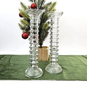 Vtg Stacked Bubble Glass 20th Century Ribbed Pale Green Candle Holders Spain Set